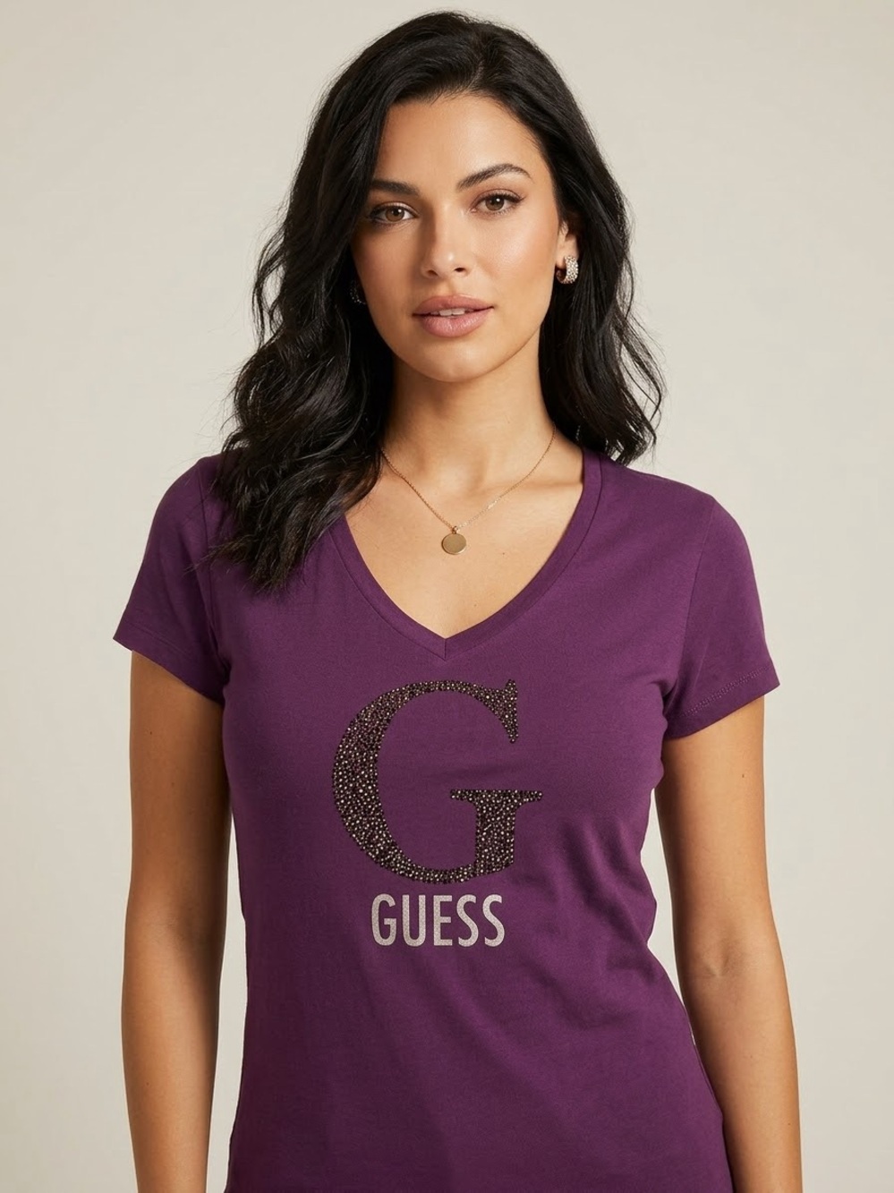 GUESS Purple Embellished Rhinestone Logo V-Neck Tee XL NWT